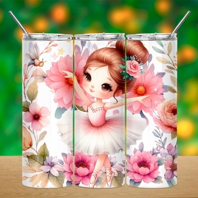 Copos térmicos com desenho floral e bailarina fofa em tons rosa e branco
