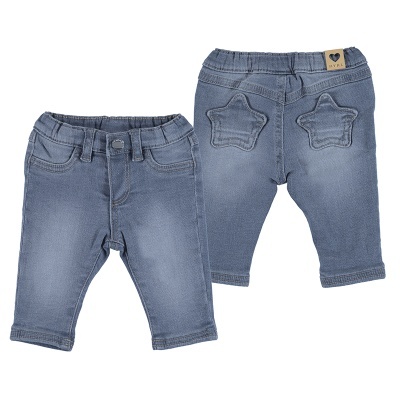 Calças de ganga azul claro para bebé com bolsos estrela e cós elástico