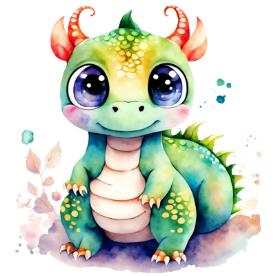 Desenho colorido de dragão bebé verde com olhos grandes e escamas coloridas
