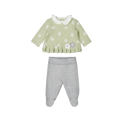 Conjunto de bebé verde clara e cinzento com padrão de flores