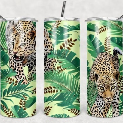 Copos metálicos com padrão de folhas e leopardos