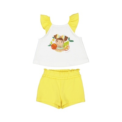 Conjunto infantil branco e amarelo com estampa de menina e cítricos