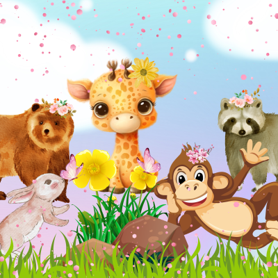 desenho animado de animais com coroas de flores em ambiente natural