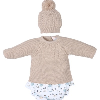 Conjunto de vestido de malha bege com gorro bege com pompom para bebé