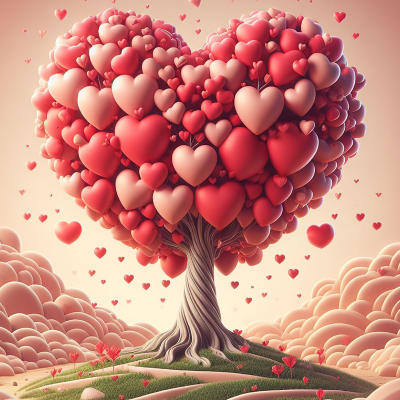 Árvore com folhas em forma de corações vermelhos e rosas num campo com flores e céu com nuvens cor de pêssego.