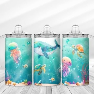 Conjunto de três copos isotérmicos com desenhos de animais marinhos