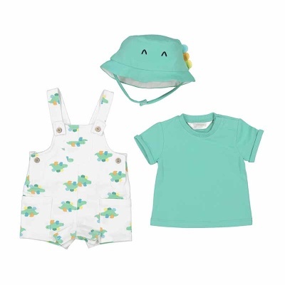 Conjunto infantil azul com jardineiras brancas de dinossauros