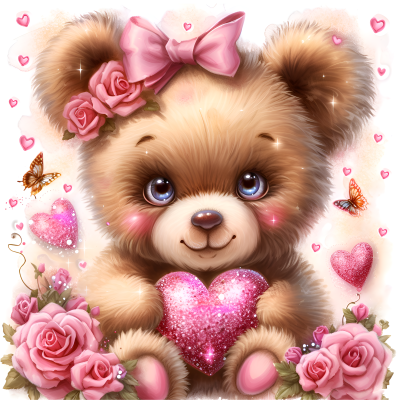 Ursinho de pelúcia segurando coração rosa brilhante com flores e borboletas