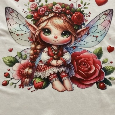 Estampa de fada colorida em tecido branco com flores e corações