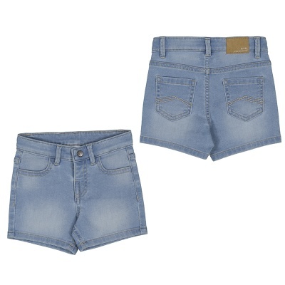 Calções de ganga azul clara para criança com bolsos e etiqueta castanha