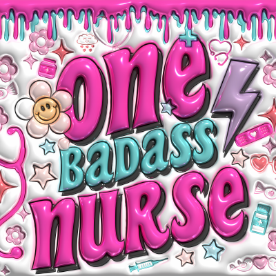 Design com texto 'one badass nurse' em balões coloridos e ícones de enfermagem em rosa, azul e roxo