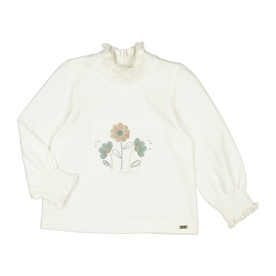 Camisola branca com flores bordadas e gola frisada