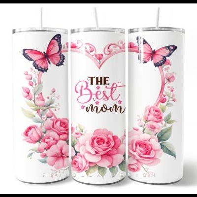 Três copos térmicos brancos com flores cor-de-rosa, borboletas e texto 'THE Best mom'