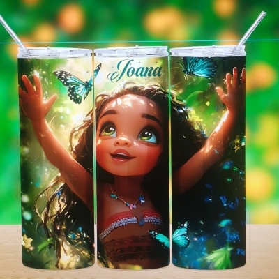 Copos térmicos metálicos com imagem infantil de menina e borboletas