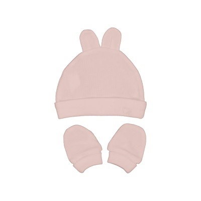 Conjunto de bebê rosa claro com gorro e luvas em tecido canelado