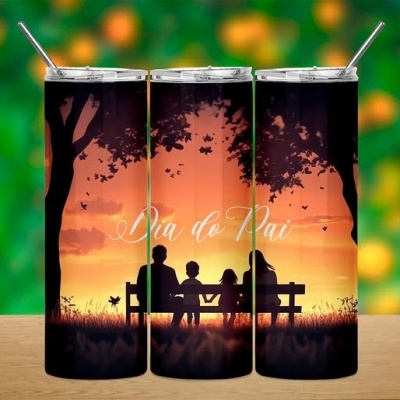 Três copos metálicos com imagem de pôr do sol e família, texto Dia do Pai