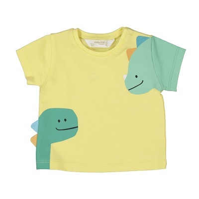 Camisola infantil amarela com estampas de dinossauros verde e azul