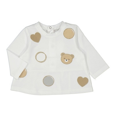 Camisola branca para bebé com aplicações de coração, círculos e ursinho em bege e cinza