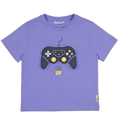 T-shirt infantil lilás com comando de videojogo estampado e texto LEVEL UP