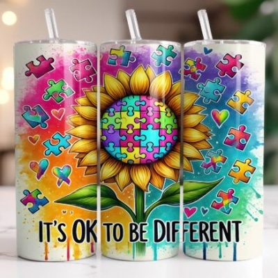 Conjunto de copos térmicos com design de girassol e peças de puzzle coloridas e texto motivacional