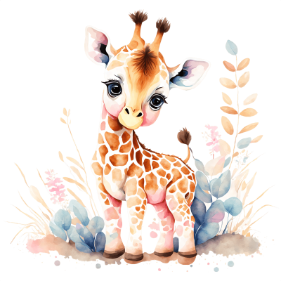 Ilustração de girafa bebé com plantas coloridas ao fundo