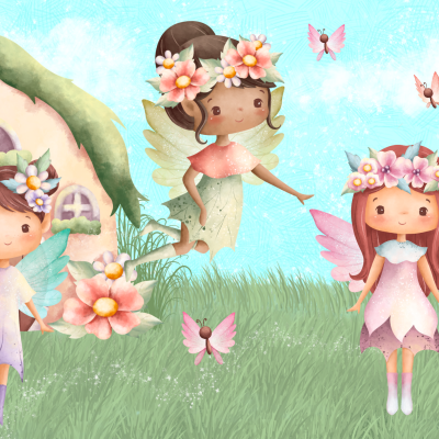 Ilustração de fadas em campo verde com casinha e borboletas