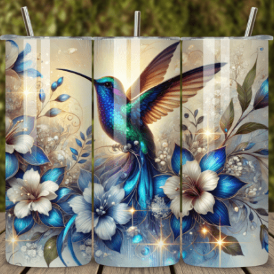 Conjunto de copos metálicos com ilustração de beija-flor azul e flores.