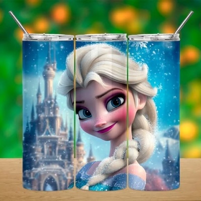Três copos térmicos de aço inoxidável com imagem da personagem Elsa do Frozen