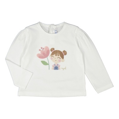 Camisola branca manga comprida com ilustração de menina e flor