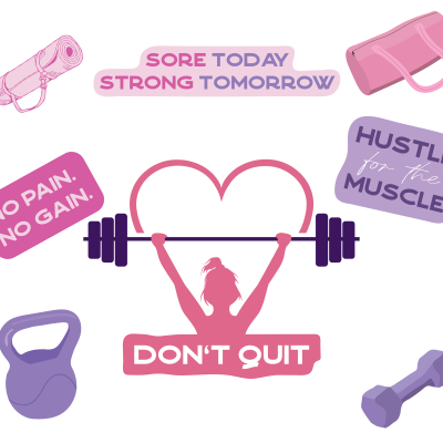 Ilustrações de equipamentos de ginásio e frases motivacionais em inglês em tons rosa e roxo