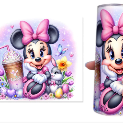 Copo com ilustração colorida da Minnie Mouse com flores e elementos da Páscoa