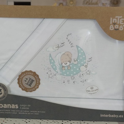Conjunto de lençóis para bebé Interbaby com ursinho bordado e embalagem castanha