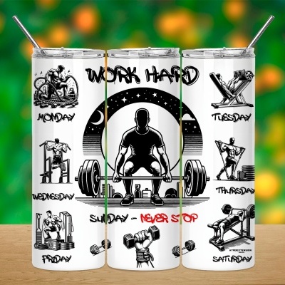 Copos térmicos brancos com desenhos de exercícios físicos e texto relacionado aos dias da semana e motivação