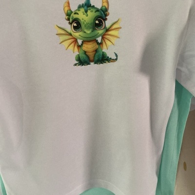 T-shirt branca com desenho de dragão verde e amarelo pendurada