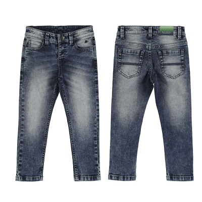 Calças de ganga de criança azul denim lavado vistas frontais e traseiras