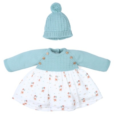 Conjunto de vestido e touca de bebé azuis com saia branca floral