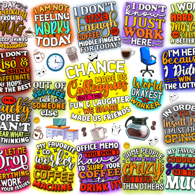 Adesivos coloridos com frases e imagens relacionadas a trabalho e café