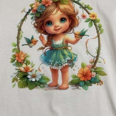 T-shirt branca com estampa de menina fofa com flores e pássaros