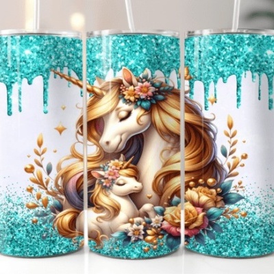 Trio de copos com design de unicórnios e glitter turquesa