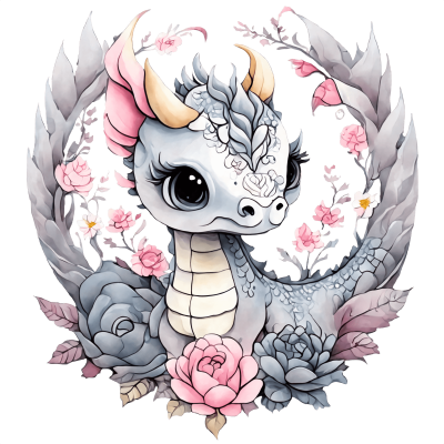 Dragão cinzento com coroa de flores rosa e cinzentas