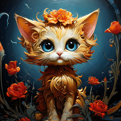 Gato laranja com grandes olhos azuis rodeado por flores laranja num fundo azul escuro.