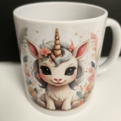 Caneca branca de cerâmica com desenho de unicórnio fofo e flores