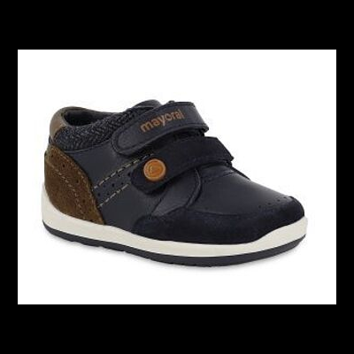 Ténis de criança em pele sintética azul escuro com detalhes castanhos