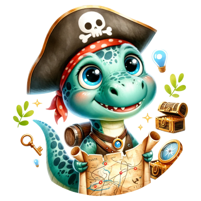 Dinossauro pirata infantil segurando mapa com chapéu e baús do tesouro