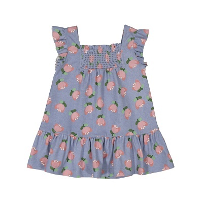 Vestido infantil azul com flores rosas e verdes, franzidos e babados.