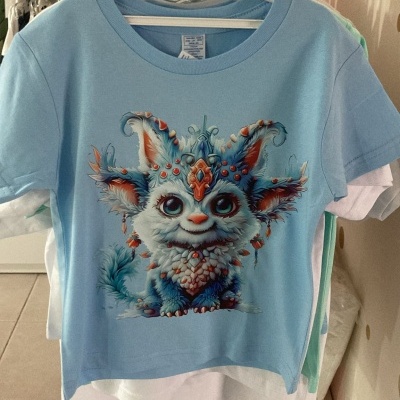 Camisola azul com estampa de criatura fantástica colorida numa loja