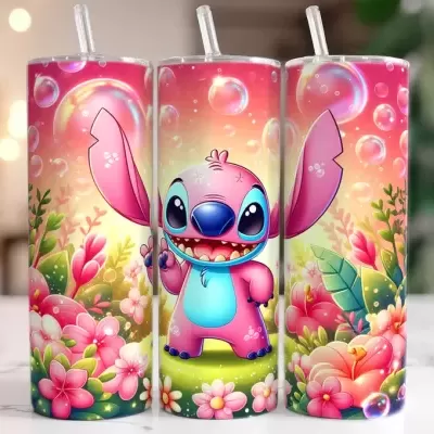 Copos térmicos coloridos com personagem animado e flores