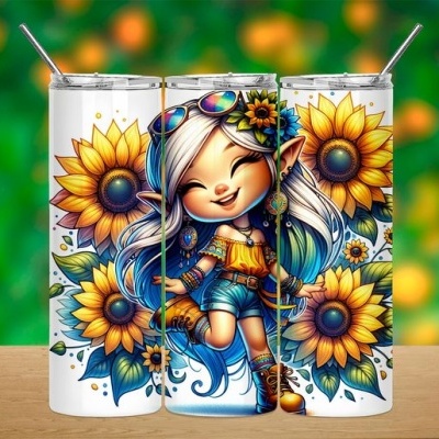 Três copos metálicos com ilustração de girassóis e personagem feminina colorida