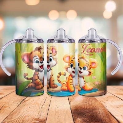 Copos infantis com tampa e bico, estampa de tigre bebé e nome Leona