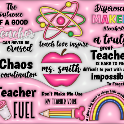 Ilustrações coloridas e textos motivacionais para professores sobre fundo rosa.